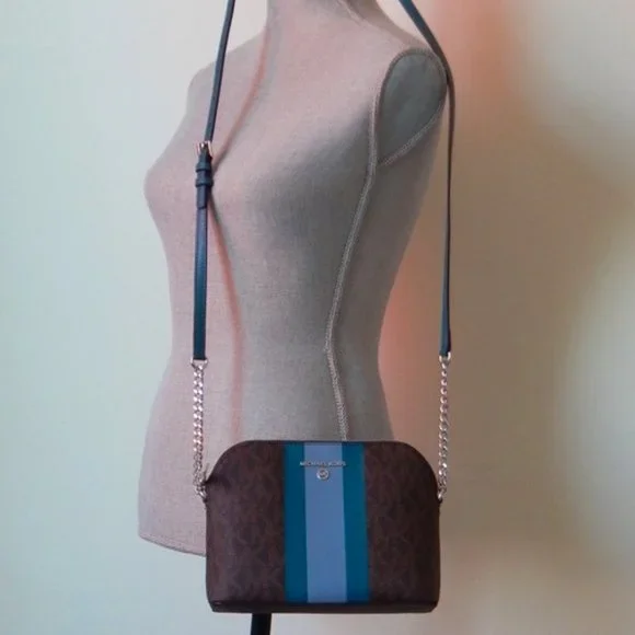 NWT MICHAEL KORS MK MONOGRAM Center Stripe CINDY LG Dome CHAIN XBODY BAG Cyan